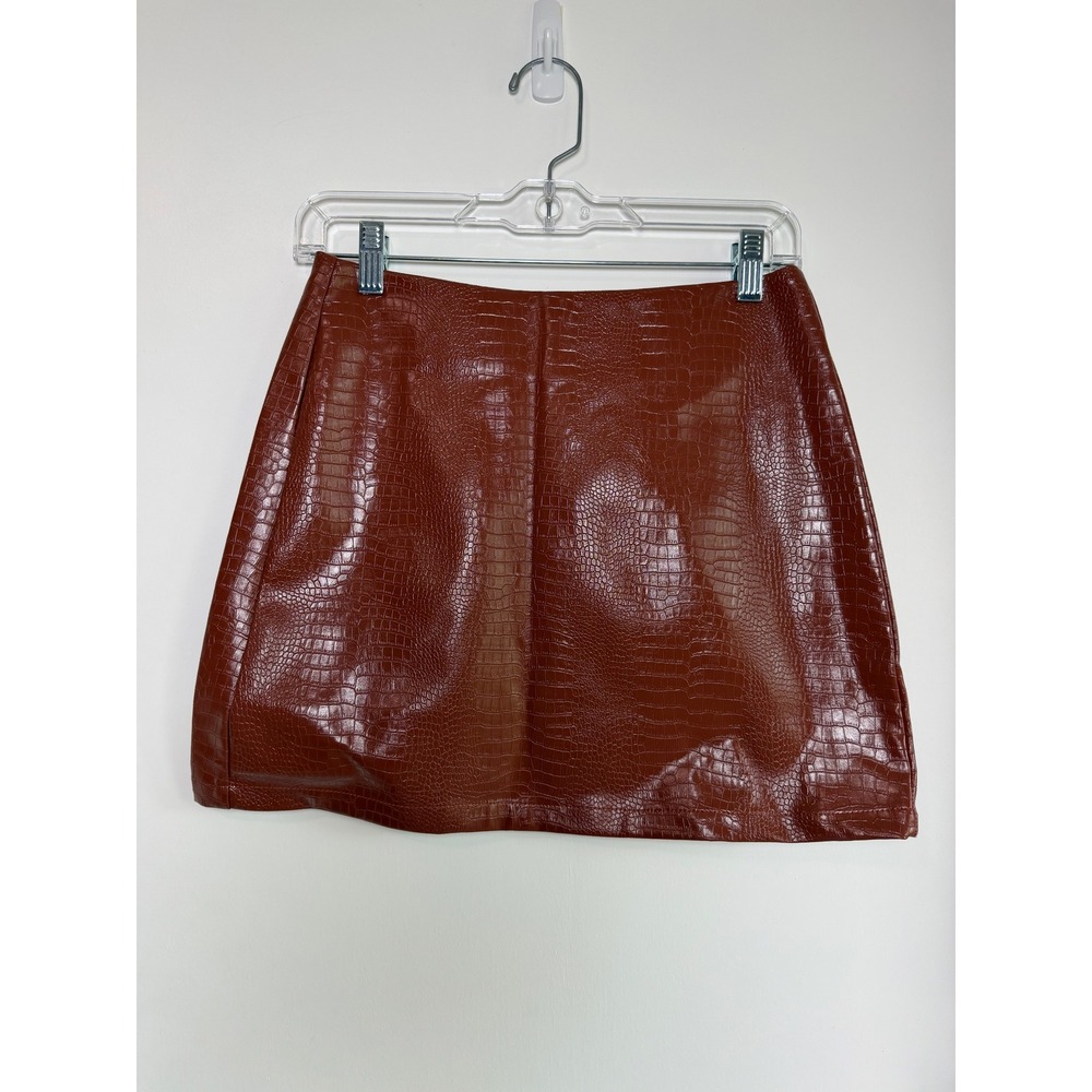 Commense Cognac Brown Croc Embossed Faux Leather Mini Skirt XS New With Tags